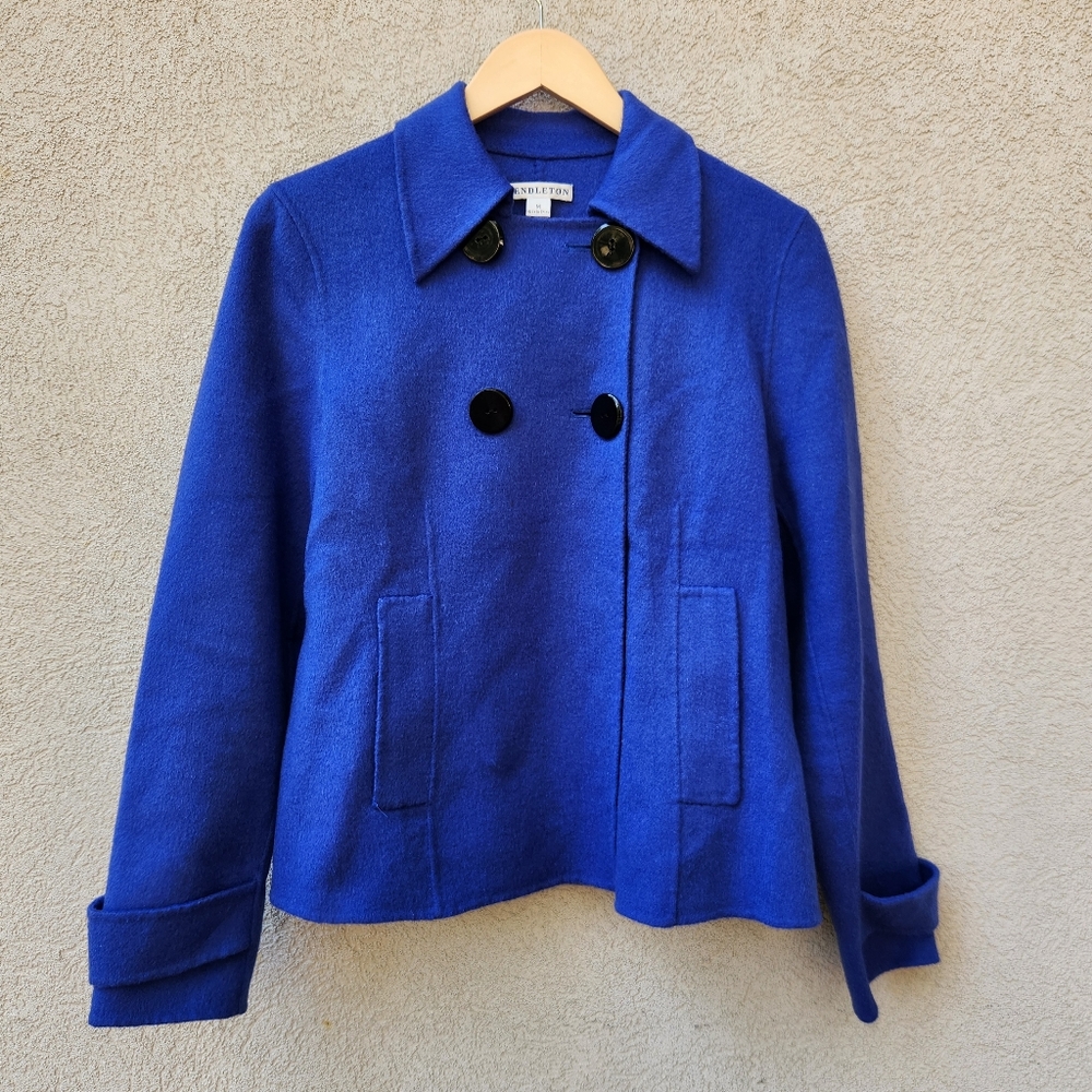 PENDLETON Women's Coat Medium Blue Merino Wool Classic Minimalist Luxury Jacket - Picture 1 of 14